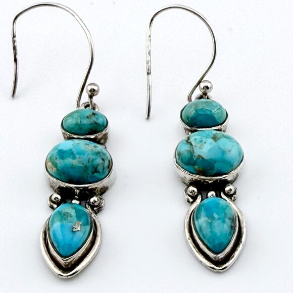 Vintage Sterling Silver Turquoise Dangle Earrings – Modernist 3-Stone Design - Picture 10 of 11